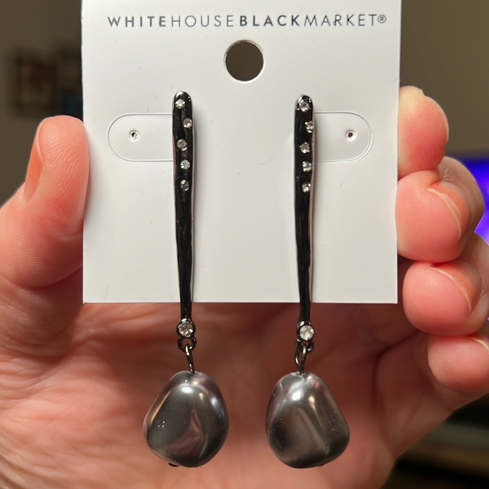 White House Black Market Gunmetal Silver Drop Grey Pearl Dangle Earrings